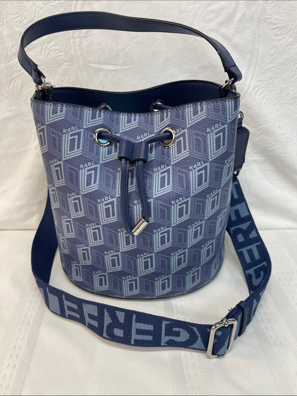 Karl Lagerfeld Blue Logo Jacquard Drawstring Bucket Bag NWT